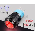 Przycisk chwilowy; plastikowy; czerwony LED 230V